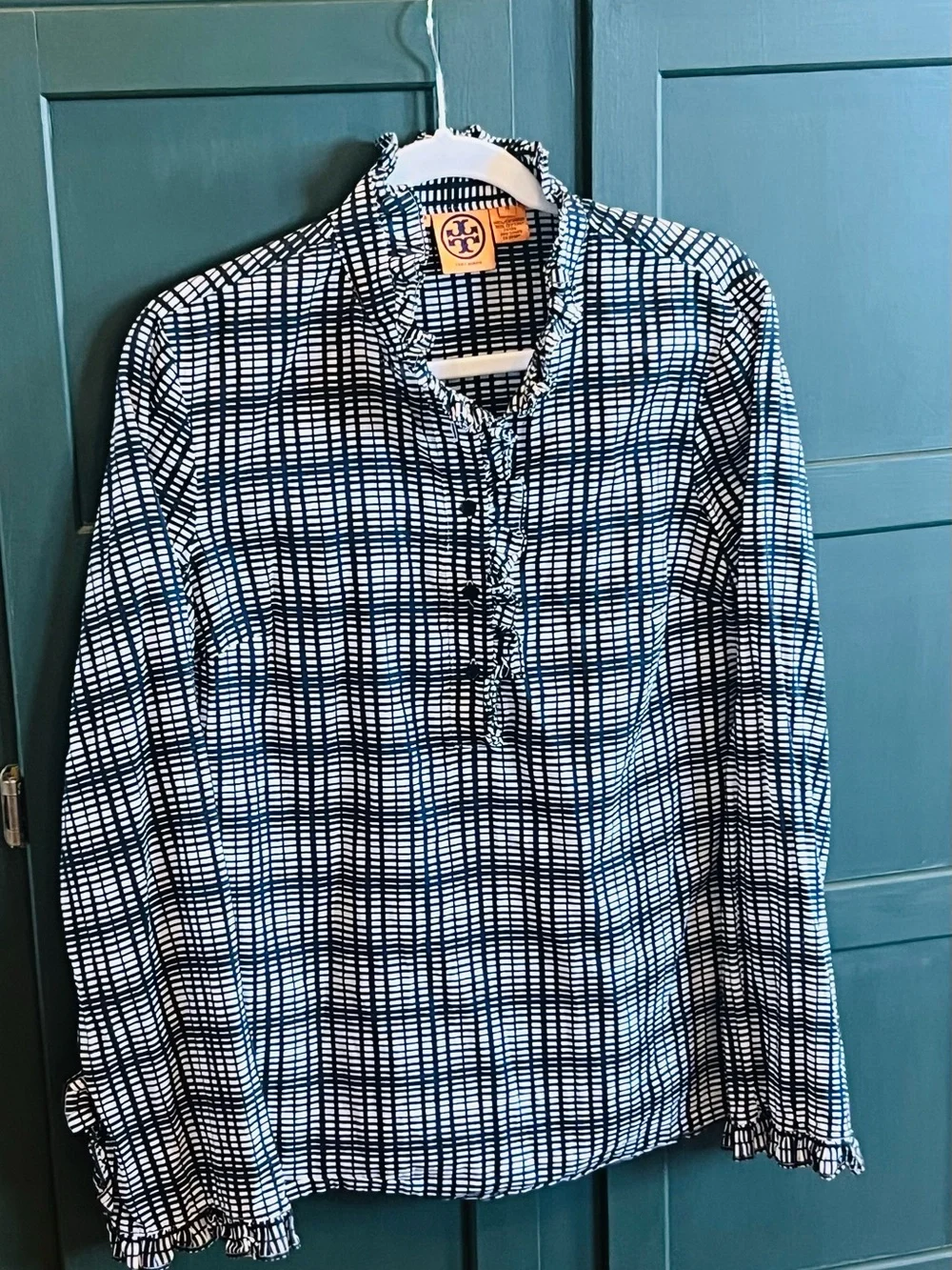 Tory Burch Black White Check Ruffle Long Sleeve Blouse Tunic Top Sz 10